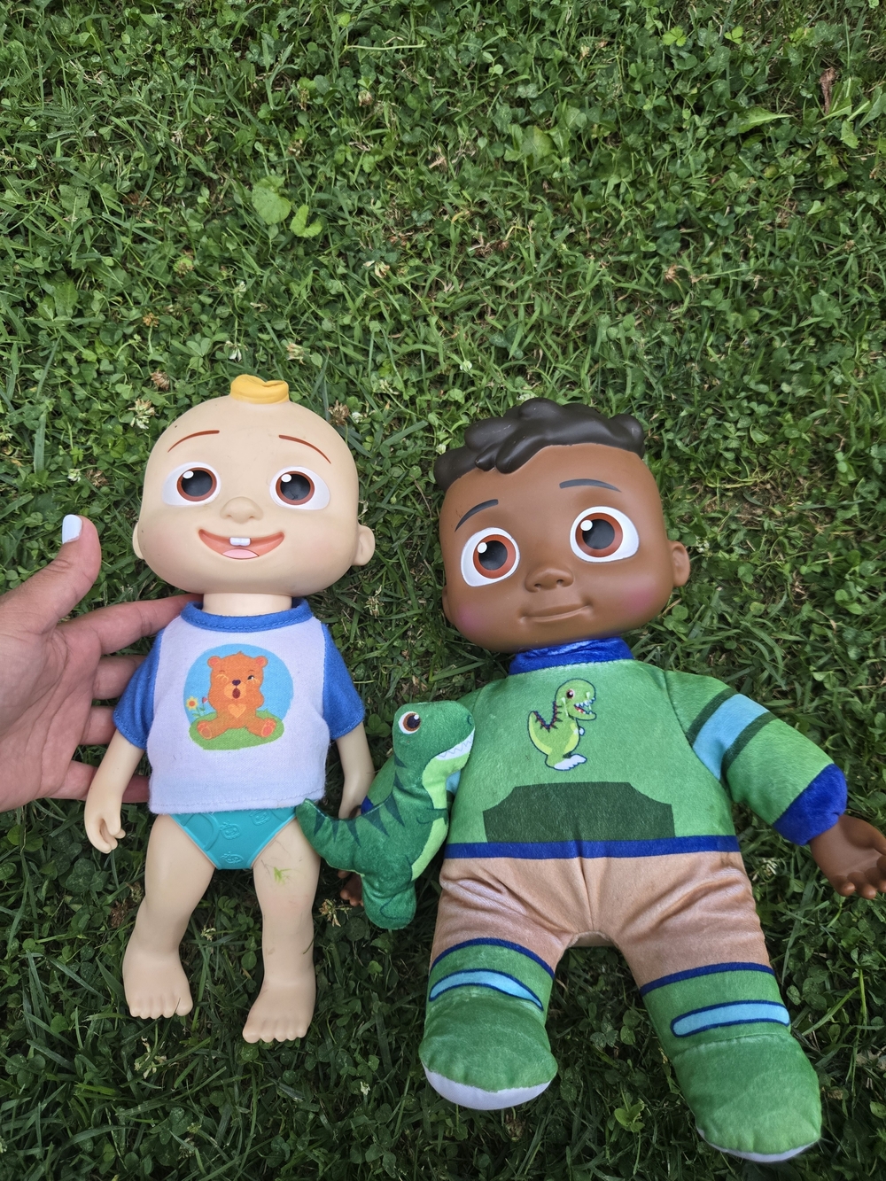 Set of 2 Plush Baby Dolls in Blue & Green Outfits